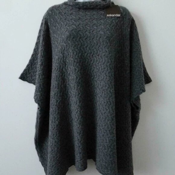NWT ESKANDAR Grey Funnel Neck Half Cable 2 Ply Cashmere Poncho Sweater OS - Picture 1 of 7